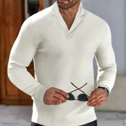 Outlet OUKU Men's Golf Polos Shirts Waffle Knit Polo Shirt Business Casual Ribbed Polo Collar Long Sleeve Fashion Basic Solid Color Knitting Fall Winter Regular Fit Black White Royal Blue Beige Grey Golf Polos