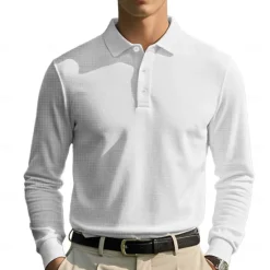 Sale OUKU Men's Golf Polos Shirts Waffle Knit Polo Shirt Business Casual Classic Long Sleeve Fashion Basic Solid Color Buttons Knitting Fall Winter Regular Fit Retro Red White Yellow Sky Blue Grey Golf Polos