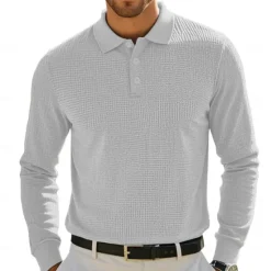 Sale OUKU Men's Golf Polos Shirts Waffle Knit Polo Shirt Business Casual Classic Long Sleeve Fashion Basic Solid Color Buttons Knitting Fall Winter Regular Fit Retro Red White Yellow Sky Blue Grey Golf Polos