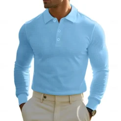 Sale OUKU Men's Golf Polos Shirts Waffle Knit Polo Shirt Business Casual Classic Long Sleeve Fashion Basic Solid Color Buttons Knitting Fall Winter Regular Fit Retro Red White Yellow Sky Blue Grey Golf Polos