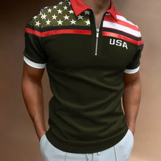 Clearance OUKU Men's Golf Shirt American Flag Polo Shirt Street Casual Turndown Quarter Zip Short Sleeve Fashion Casual Flag Zipper Quarter Zip Spring & Summer Regular Fit Navy Blue Dark Green Gray Golf Shirt