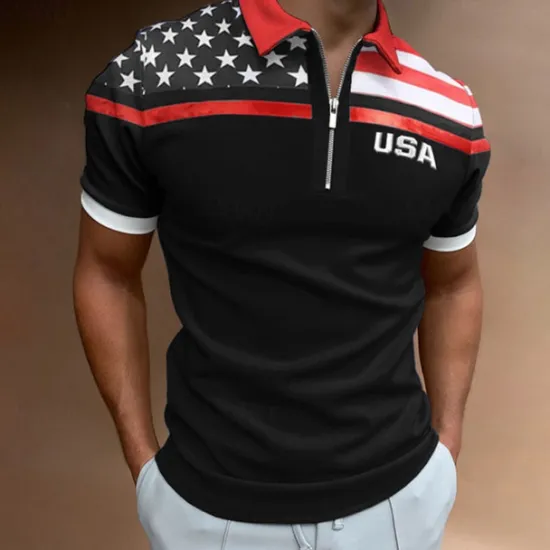 Clearance OUKU Men's Golf Shirt American Flag Polo Shirt Street Casual Turndown Quarter Zip Short Sleeve Fashion Casual Flag Zipper Quarter Zip Spring & Summer Regular Fit Navy Blue Dark Green Gray Golf Shirt