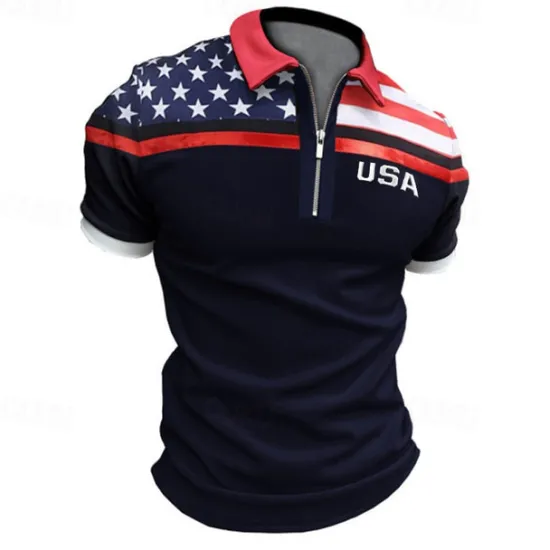 Clearance OUKU Men's Golf Shirt American Flag Polo Shirt Street Casual Turndown Quarter Zip Short Sleeve Fashion Casual Flag Zipper Quarter Zip Spring & Summer Regular Fit Navy Blue Dark Green Gray Golf Shirt