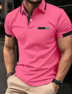 OUKU Men's Golf Shirt Golf Polos Shirts Work Casual Lapel Short Sleeve Basic Modern Color Block Patchwork Buttons Spring Regular Fit Black Blue sky blue Brown Green Light Grey Golf Shirt