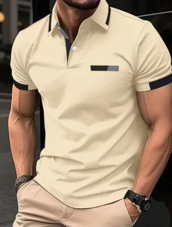 OUKU Men's Golf Shirt Golf Polos Shirts Work Casual Lapel Short Sleeve Basic Modern Color Block Patchwork Buttons Spring Regular Fit Black Blue sky blue Brown Green Light Grey Golf Shirt