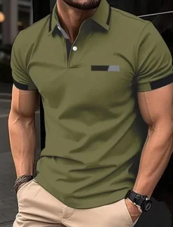 OUKU Men's Golf Shirt Golf Polos Shirts Work Casual Lapel Short Sleeve Basic Modern Color Block Patchwork Buttons Spring Regular Fit Black Blue sky blue Brown Green Light Grey Golf Shirt