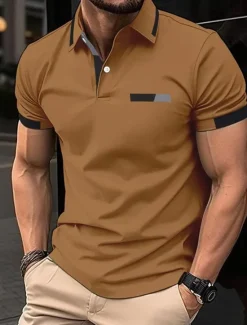 OUKU Men's Golf Shirt Golf Polos Shirts Work Casual Lapel Short Sleeve Basic Modern Color Block Patchwork Buttons Spring Regular Fit Black Blue sky blue Brown Green Light Grey Golf Shirt