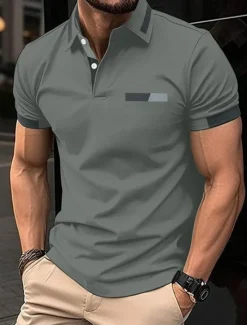 OUKU Men's Golf Shirt Golf Polos Shirts Work Casual Lapel Short Sleeve Basic Modern Color Block Patchwork Buttons Spring Regular Fit Black Blue sky blue Brown Green Light Grey Golf Shirt