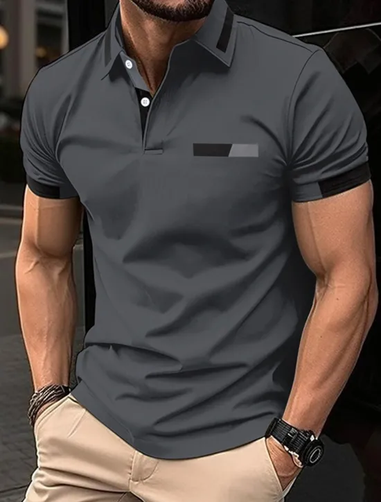 OUKU Men's Golf Shirt Golf Polos Shirts Work Casual Lapel Short Sleeve Basic Modern Color Block Patchwork Buttons Spring Regular Fit Black Blue sky blue Brown Green Light Grey Golf Shirt