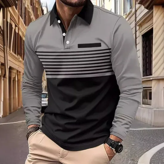 Sale OUKU Men's Golf Shirt Golf Polo Work Casual Lapel Long Sleeve Basic Modern Stripes Button Pocket Spring & Fall Regular Fit Pumpkin Pink Red Green Khaki Gray Golf Shirt