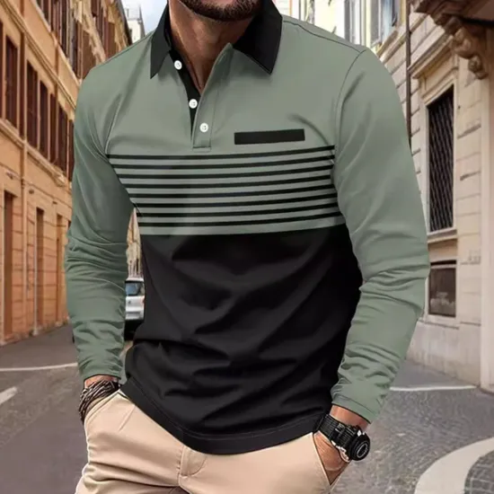 Sale OUKU Men's Golf Shirt Golf Polo Work Casual Lapel Long Sleeve Basic Modern Stripes Button Pocket Spring & Fall Regular Fit Pumpkin Pink Red Green Khaki Gray Golf Shirt