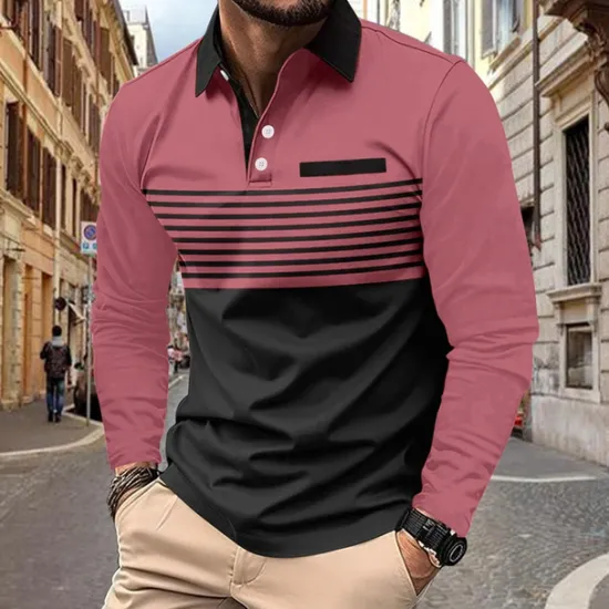 Sale OUKU Men's Golf Shirt Golf Polo Work Casual Lapel Long Sleeve Basic Modern Stripes Button Pocket Spring & Fall Regular Fit Pumpkin Pink Red Green Khaki Gray Golf Shirt