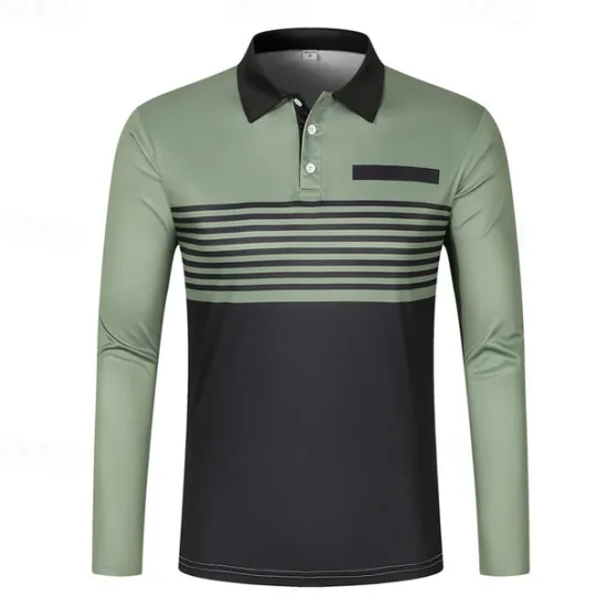 Sale OUKU Men's Golf Shirt Golf Polo Work Casual Lapel Long Sleeve Basic Modern Stripes Button Pocket Spring & Fall Regular Fit Pumpkin Pink Red Green Khaki Gray Golf Shirt