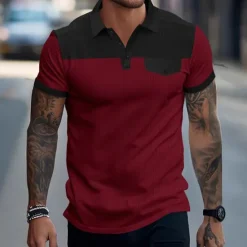 Clearance OUKU Men's Golf Shirt Golf Polos Shirts Work Casual Lapel Short Sleeve Basic Modern Color Block Patchwork Buttons Summer Spring Regular Fit Wine Green Khaki Gray Golf Shirt