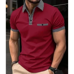 Discount OUKU Men's Golf Shirt Golf Polos Shirts Work Casual Lapel Short Sleeve Basic Modern Color Block Houndstooth Patchwork Spring & Summer Regular Fit Black White Red Navy Blue Blue Beige Golf Shirt