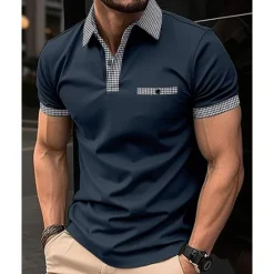 Discount OUKU Men's Golf Shirt Golf Polos Shirts Work Casual Lapel Short Sleeve Basic Modern Color Block Houndstooth Patchwork Spring & Summer Regular Fit Black White Red Navy Blue Blue Beige Golf Shirt