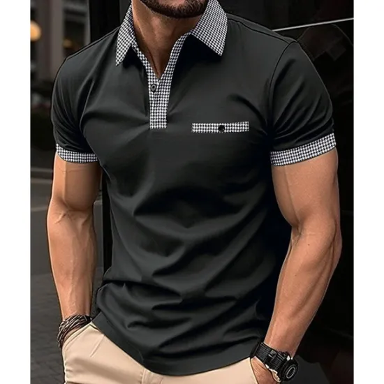 Discount OUKU Men's Golf Shirt Golf Polos Shirts Work Casual Lapel Short Sleeve Basic Modern Color Block Houndstooth Patchwork Spring & Summer Regular Fit Black White Red Navy Blue Blue Beige Golf Shirt