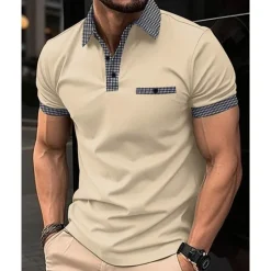 Discount OUKU Men's Golf Shirt Golf Polos Shirts Work Casual Lapel Short Sleeve Basic Modern Color Block Houndstooth Patchwork Spring & Summer Regular Fit Black White Red Navy Blue Blue Beige Golf Shirt
