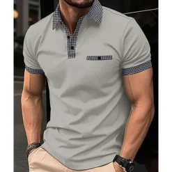 Discount OUKU Men's Golf Shirt Golf Polos Shirts Work Casual Lapel Short Sleeve Basic Modern Color Block Houndstooth Patchwork Spring & Summer Regular Fit Black White Red Navy Blue Blue Beige Golf Shirt