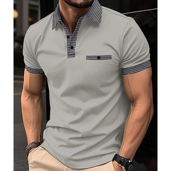 Discount OUKU Men's Golf Shirt Golf Polos Shirts Work Casual Lapel Short Sleeve Basic Modern Color Block Houndstooth Patchwork Spring & Summer Regular Fit Black White Red Navy Blue Blue Beige Golf Shirt