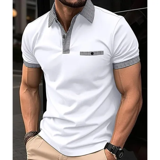 Discount OUKU Men's Golf Shirt Golf Polos Shirts Work Casual Lapel Short Sleeve Basic Modern Color Block Houndstooth Patchwork Spring & Summer Regular Fit Black White Red Navy Blue Blue Beige Golf Shirt