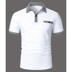 Discount OUKU Men's Golf Shirt Golf Polos Shirts Work Casual Lapel Short Sleeve Basic Modern Color Block Houndstooth Patchwork Spring & Summer Regular Fit Black White Red Navy Blue Blue Beige Golf Shirt