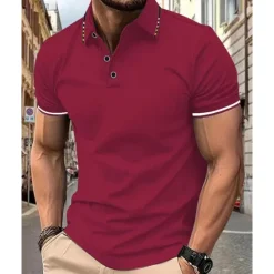 Outlet OUKU Men's Golf Shirt Golf Polo Work Casual Lapel Short Sleeve Basic Modern Color Block Patchwork Button Spring & Summer Regular Fit Wine Lake Blue Black White Pink Navy Blue Golf Shirt
