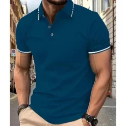 Outlet OUKU Men's Golf Shirt Golf Polo Work Casual Lapel Short Sleeve Basic Modern Color Block Patchwork Button Spring & Summer Regular Fit Wine Lake Blue Black White Pink Navy Blue Golf Shirt