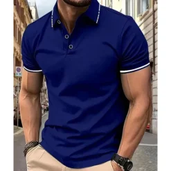 Outlet OUKU Men's Golf Shirt Golf Polo Work Casual Lapel Short Sleeve Basic Modern Color Block Patchwork Button Spring & Summer Regular Fit Wine Lake Blue Black White Pink Navy Blue Golf Shirt