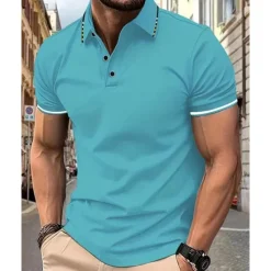 Outlet OUKU Men's Golf Shirt Golf Polo Work Casual Lapel Short Sleeve Basic Modern Color Block Patchwork Button Spring & Summer Regular Fit Wine Lake Blue Black White Pink Navy Blue Golf Shirt
