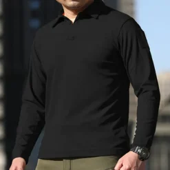Online OUKU Men's Golf Shirt Golf Polo Work Casual Lapel Long Sleeve Basic Modern Plain Button Spring & Fall Regular Fit Black Green Khaki Gray Golf Shirt