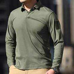 Online OUKU Men's Golf Shirt Golf Polo Work Casual Lapel Long Sleeve Basic Modern Plain Button Spring & Fall Regular Fit Black Green Khaki Gray Golf Shirt