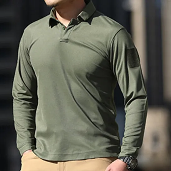Online OUKU Men's Golf Shirt Golf Polo Work Casual Lapel Long Sleeve Basic Modern Plain Button Spring & Fall Regular Fit Black Green Khaki Gray Golf Shirt