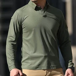 Online OUKU Men's Golf Shirt Golf Polo Work Casual Lapel Long Sleeve Basic Modern Plain Button Spring & Fall Regular Fit Black Green Khaki Gray Golf Shirt