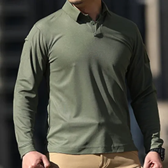 Online OUKU Men's Golf Shirt Golf Polo Work Casual Lapel Long Sleeve Basic Modern Plain Button Spring & Fall Regular Fit Black Green Khaki Gray Golf Shirt
