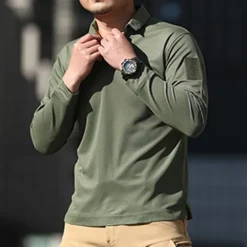 Online OUKU Men's Golf Shirt Golf Polo Work Casual Lapel Long Sleeve Basic Modern Plain Button Spring & Fall Regular Fit Black Green Khaki Gray Golf Shirt