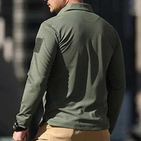 Online OUKU Men's Golf Shirt Golf Polo Work Casual Lapel Long Sleeve Basic Modern Plain Button Spring & Fall Regular Fit Black Green Khaki Gray Golf Shirt