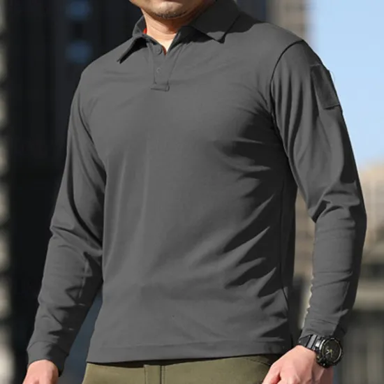 Online OUKU Men's Golf Shirt Golf Polo Work Casual Lapel Long Sleeve Basic Modern Plain Button Spring & Fall Regular Fit Black Green Khaki Gray Golf Shirt