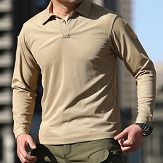 Online OUKU Men's Golf Shirt Golf Polo Work Casual Lapel Long Sleeve Basic Modern Plain Button Spring & Fall Regular Fit Black Green Khaki Gray Golf Shirt