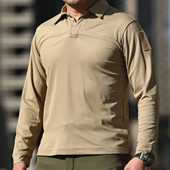 Online OUKU Men's Golf Shirt Golf Polo Work Casual Lapel Long Sleeve Basic Modern Plain Button Spring & Fall Regular Fit Black Green Khaki Gray Golf Shirt