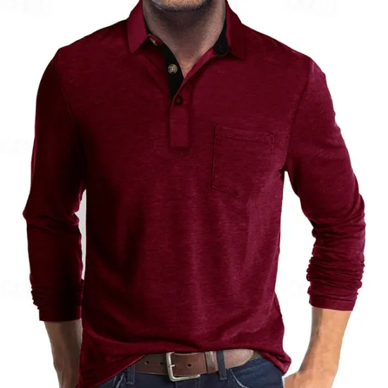 OUKU Men's Golf Shirt Golf Polo Work Casual Lapel Long Sleeve Basic Modern Solid Color Button Pocket Spring & Fall Regular Fit Wine Apricot Black White Dark Red Yellow Golf Shirt