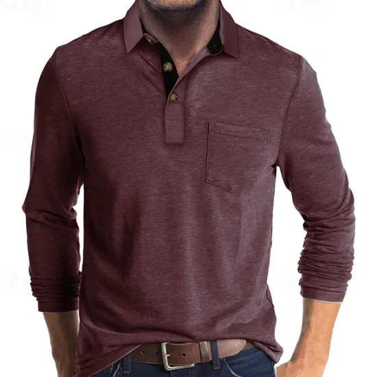 OUKU Men's Golf Shirt Golf Polo Work Casual Lapel Long Sleeve Basic Modern Solid Color Button Pocket Spring & Fall Regular Fit Wine Apricot Black White Dark Red Yellow Golf Shirt