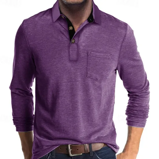 OUKU Men's Golf Shirt Golf Polo Work Casual Lapel Long Sleeve Basic Modern Solid Color Button Pocket Spring & Fall Regular Fit Wine Apricot Black White Dark Red Yellow Golf Shirt
