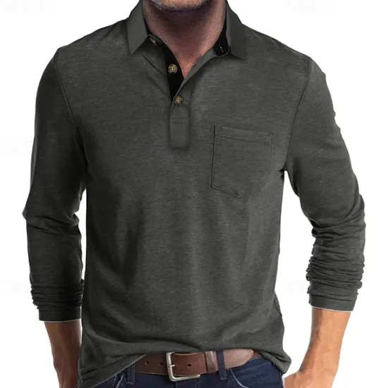 OUKU Men's Golf Shirt Golf Polo Work Casual Lapel Long Sleeve Basic Modern Solid Color Button Pocket Spring & Fall Regular Fit Wine Apricot Black White Dark Red Yellow Golf Shirt