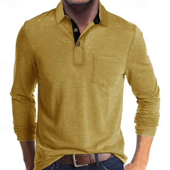 OUKU Men's Golf Shirt Golf Polo Work Casual Lapel Long Sleeve Basic Modern Solid Color Button Pocket Spring & Fall Regular Fit Wine Apricot Black White Dark Red Yellow Golf Shirt