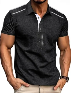 Discount OUKU Men's Golf Shirt Golf Polos Shirts Work Casual Lapel Short Sleeve Basic Modern Color Block Patchwork Buttons Summer Regular Fit Black White Navy Blue Green Khaki Light Grey Golf Shirt