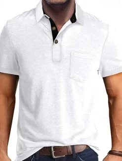 OUKU Men's Golf Shirt Golf Polos Shirts Work Casual Lapel Short Sleeve Basic Modern Plain Buttons Front Pocket Summer Spring Regular Fit Apricot Dark Gray Lake Blue Black White Dark Red Golf Shirt