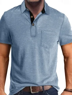 OUKU Men's Golf Shirt Golf Polos Shirts Work Casual Lapel Short Sleeve Basic Modern Plain Buttons Front Pocket Summer Spring Regular Fit Apricot Dark Gray Lake Blue Black White Dark Red Golf Shirt