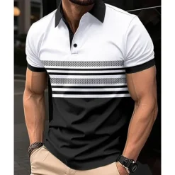 Online OUKU Men's Golf Shirt Golf Polos Shirts Work Casual Lapel Short Sleeve Basic Modern Striped Buttons Summer Regular Fit White Pink Red Royal Blue Green Khaki Golf Shirt