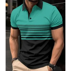Online OUKU Men's Golf Shirt Golf Polos Shirts Work Casual Lapel Short Sleeve Basic Modern Striped Buttons Summer Regular Fit White Pink Red Royal Blue Green Khaki Golf Shirt
